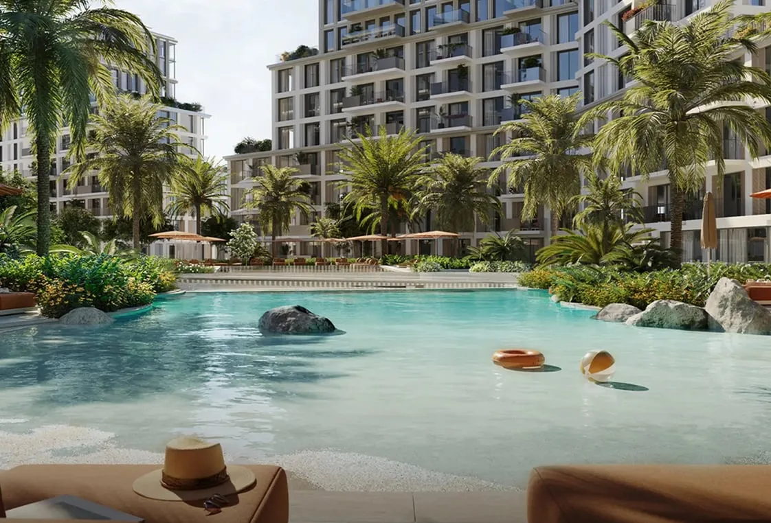 Pool deck and architecture at Waldorf Astoria Residences Dubai Islands