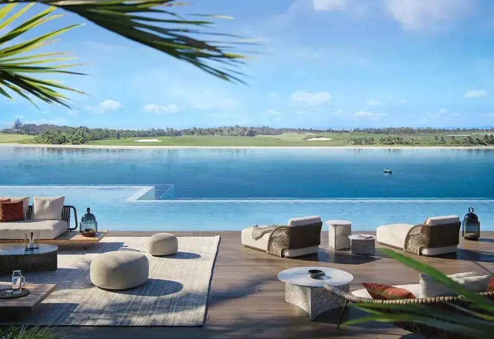 Infinity pool and waterfront terrace at Waldorf Astoria Dubai Islands