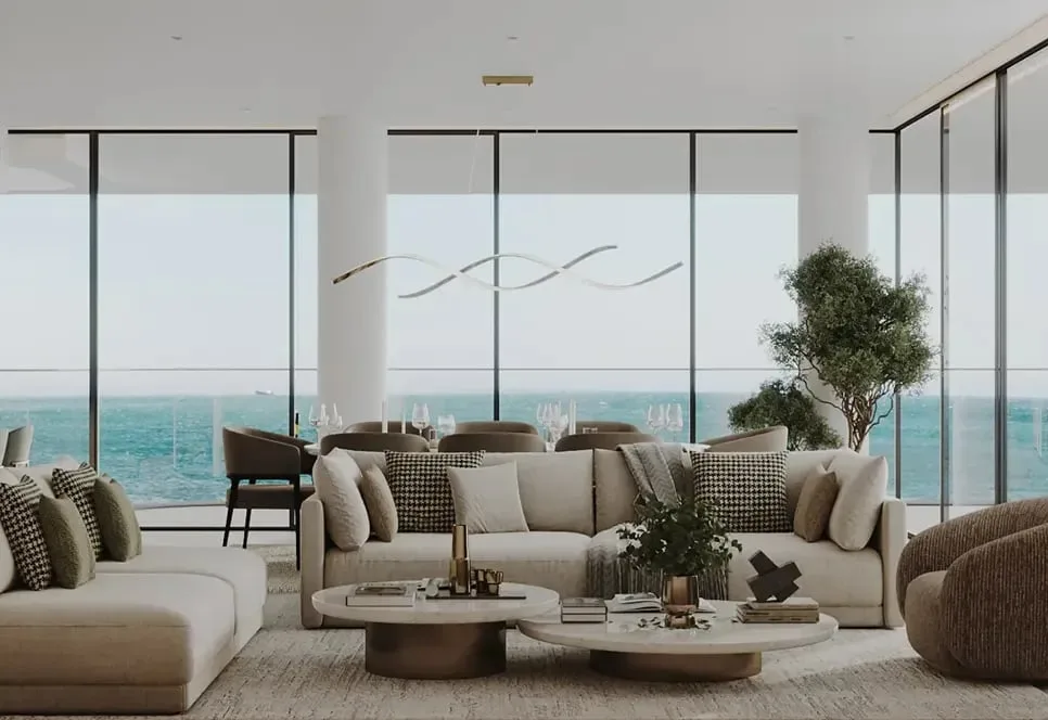 Living and dining room with sea views at Waldorf Astoria Residences Dubai Islands